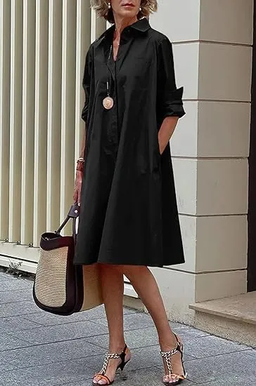 Geleglaer Womens Casual Loose Midi Shirt Dress Spring Summer Long Sleeve V Neck Button Down Dress Tunic Dress with Pockets