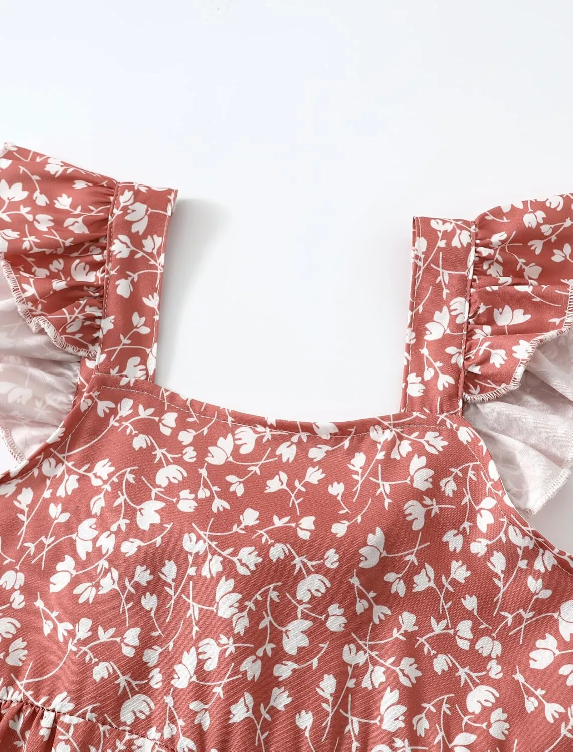 Girl Summer Dress Floral Ruffle Sleeve A Line Swing Casual Dresses Tie Back Cute Tiered Sundress 4-12Y