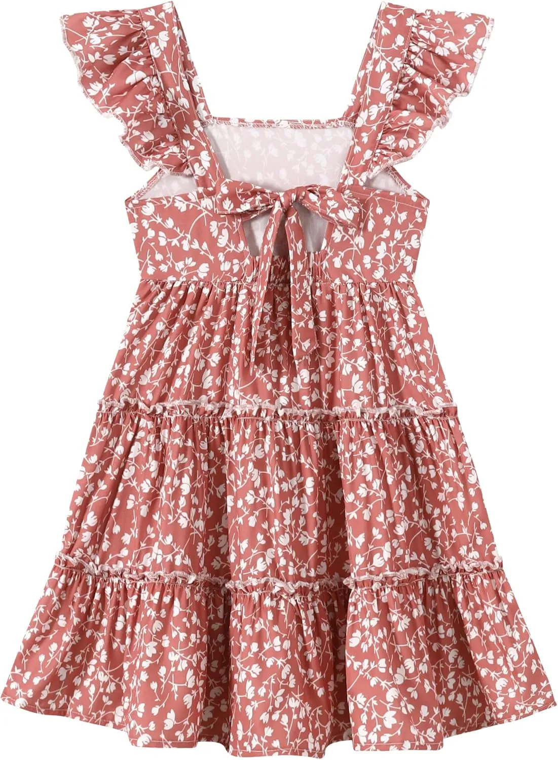 Girl Summer Dress Floral Ruffle Sleeve A Line Swing Casual Dresses Tie Back Cute Tiered Sundress 4-12Y