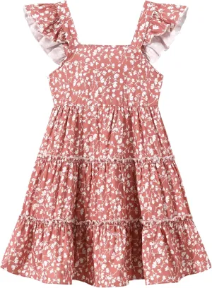 Girl Summer Dress Floral Ruffle Sleeve A Line Swing Casual Dresses Tie Back Cute Tiered Sundress 4-12Y