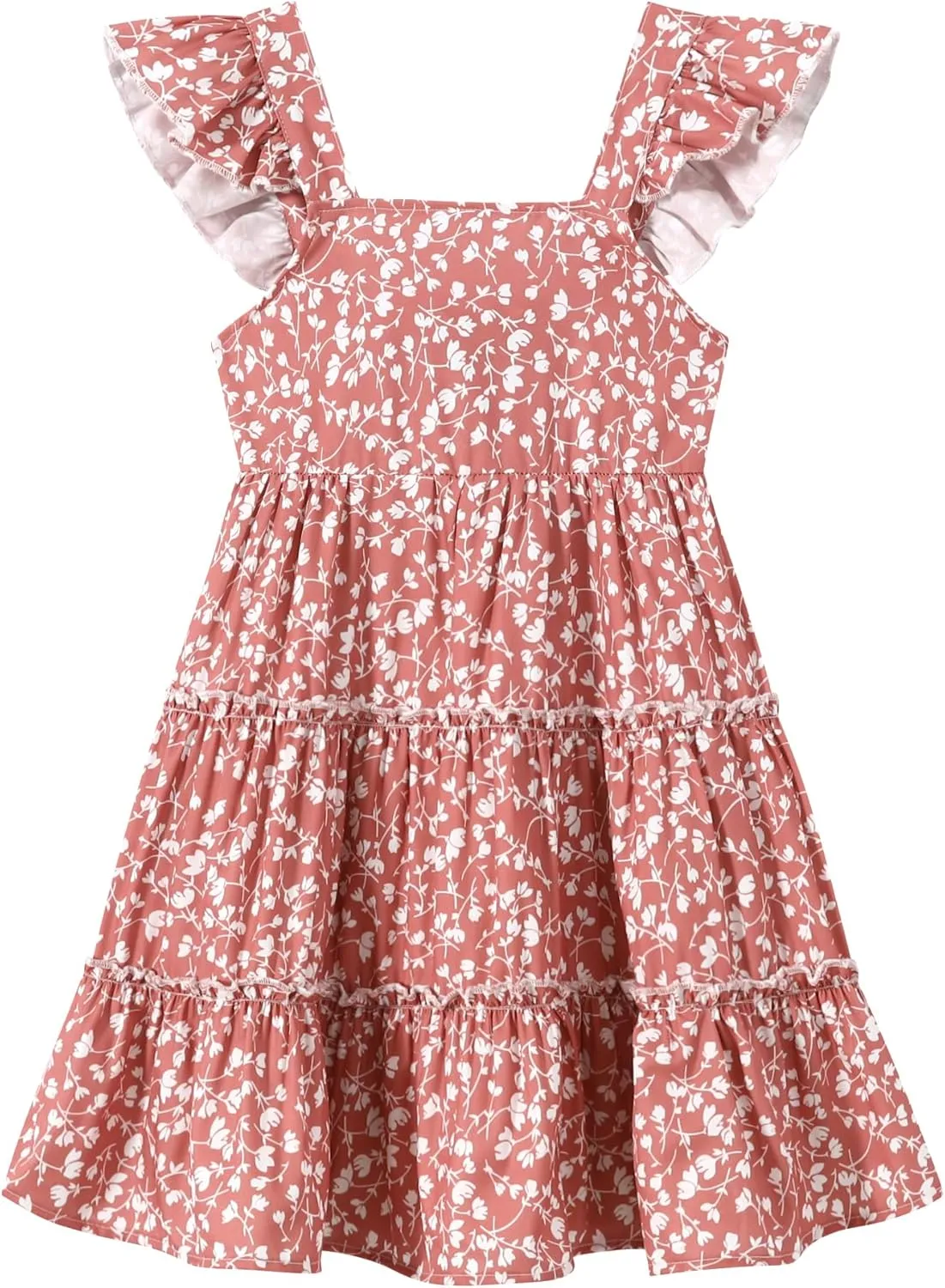 Girl Summer Dress Floral Ruffle Sleeve A Line Swing Casual Dresses Tie Back Cute Tiered Sundress 4-12Y