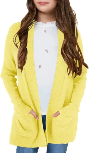 Girls Long Sleeve Casual Cardigan Kids Open Front Soft Knit Oversized Sweater with Pockets