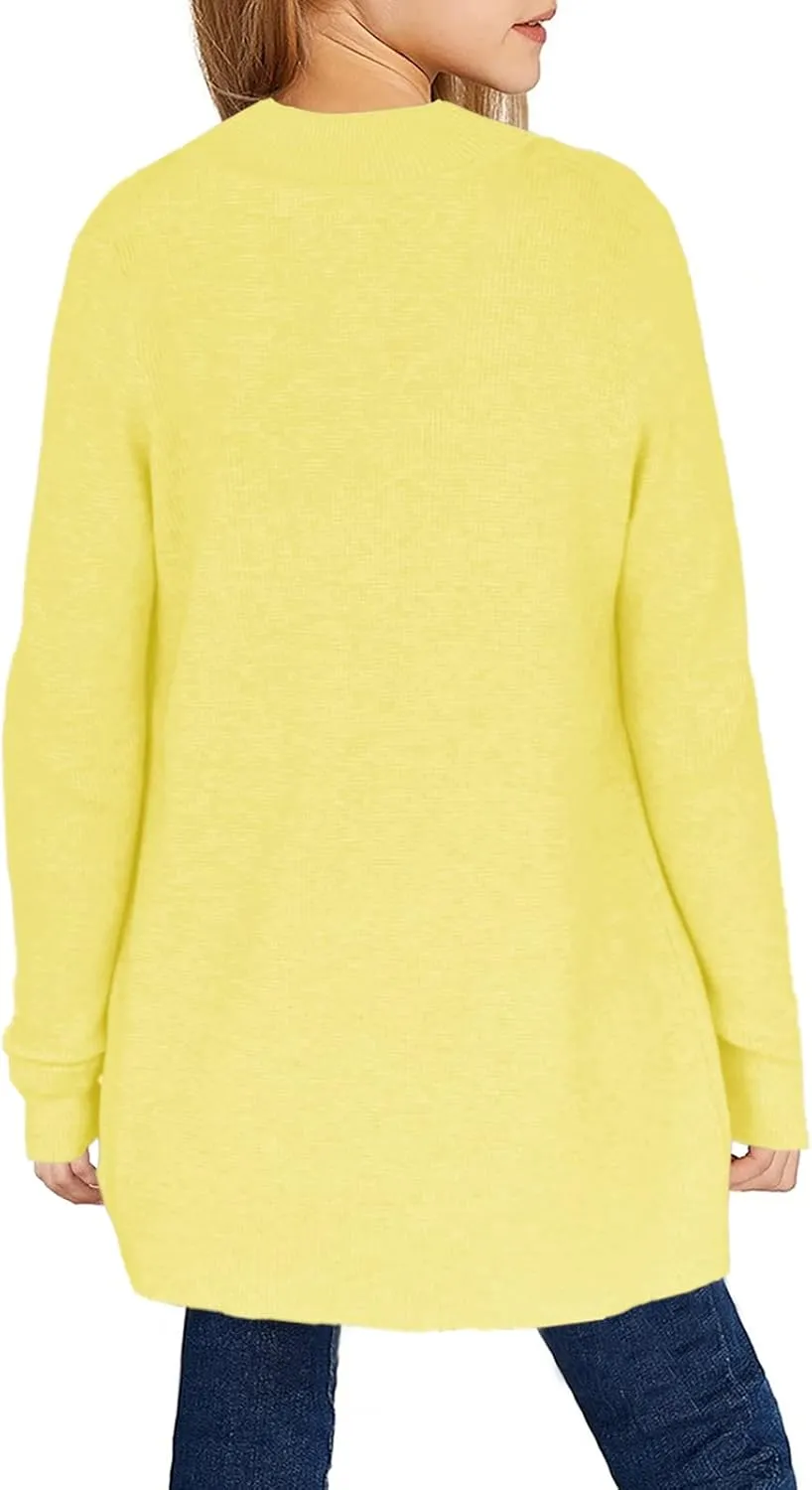 Girls Long Sleeve Casual Cardigan Kids Open Front Soft Knit Oversized Sweater with Pockets