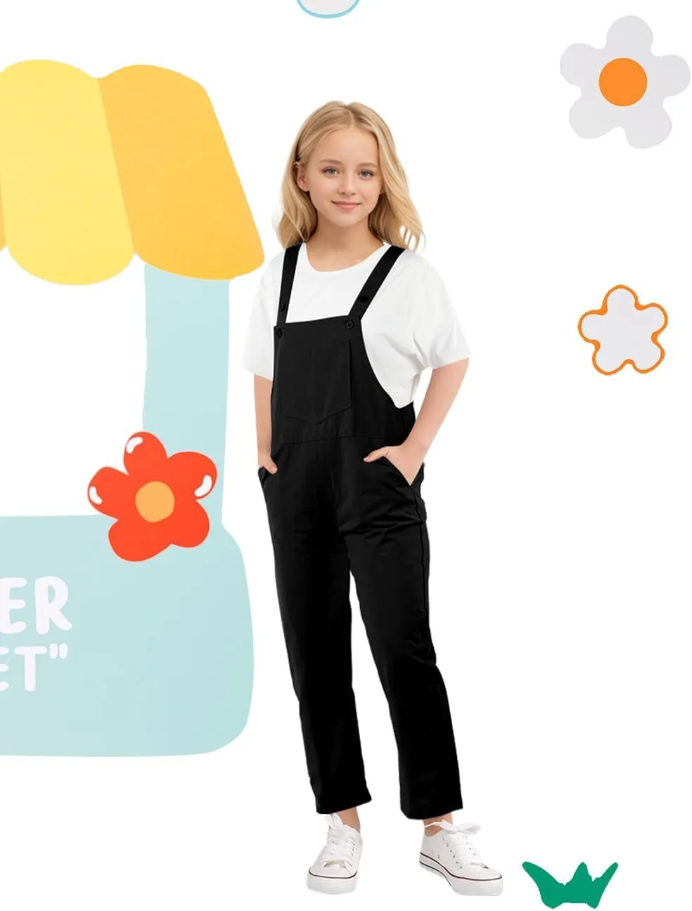 Girls Overalls Sleeveless Adjustable Jumpsuits Kids Casual Loose Romper Cute Long Pants with Pockets