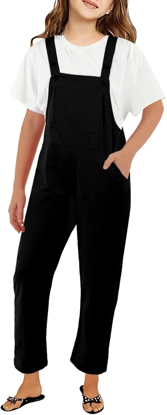 Girls Overalls Sleeveless Adjustable Jumpsuits Kids Casual Loose Romper Cute Long Pants with Pockets