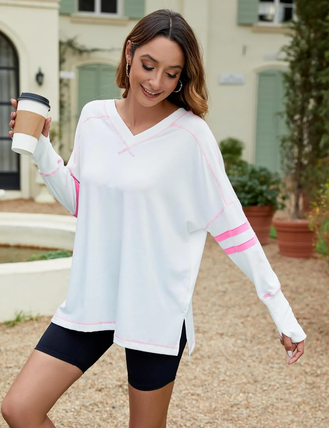 Gozoloma Women's Oversized Long Sleeve Tee Shirt Pullover Pull-on V Neck Basic Blouse Tunic Top with Thumbholes