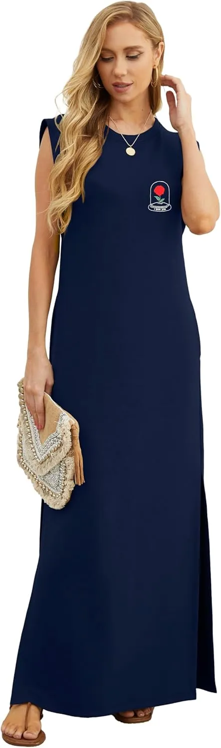 GRECERELLE 2025 Women Summer Round Neck Casual Loose Split Wrinkle-Free Long Maxi Vacation Dress with Pockets (XS-3XL)