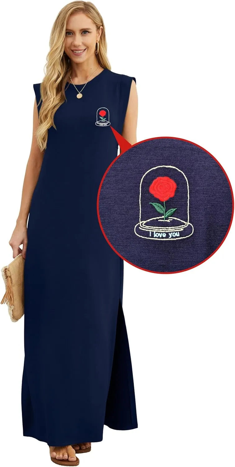 GRECERELLE 2025 Women Summer Round Neck Casual Loose Split Wrinkle-Free Long Maxi Vacation Dress with Pockets (XS-3XL)