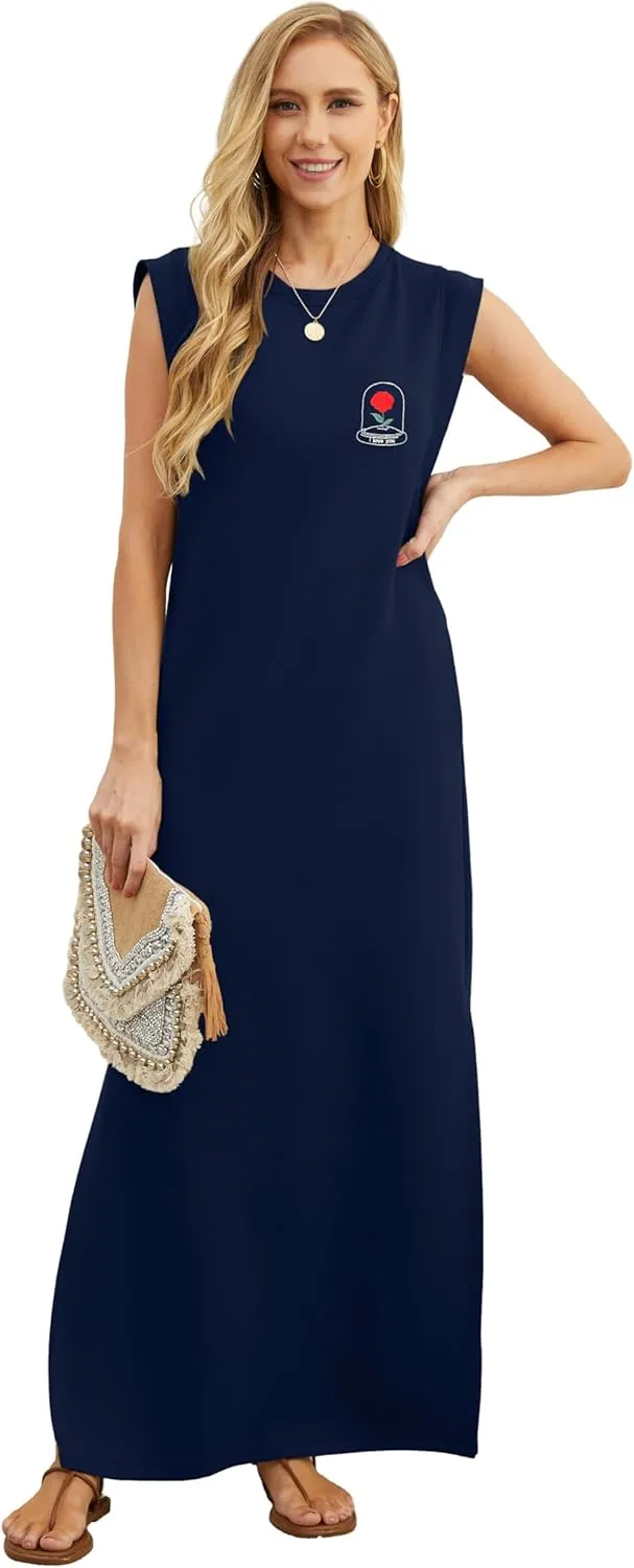 GRECERELLE 2025 Women Summer Round Neck Casual Loose Split Wrinkle-Free Long Maxi Vacation Dress with Pockets (XS-3XL)