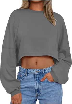 Gumipy Crewneck Sweatshirts Women Long Sleeve Cropped Sweatshirt Sweater Trendy Drop Shoulder Pullover Tops Comfy Winter Tops