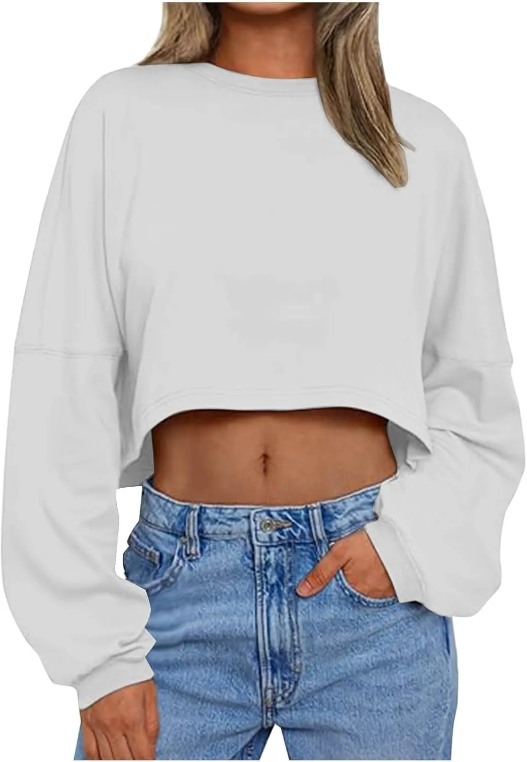 Gumipy Crewneck Sweatshirts Women Long Sleeve Cropped Sweatshirt Sweater Trendy Drop Shoulder Pullover Tops Comfy Winter Tops