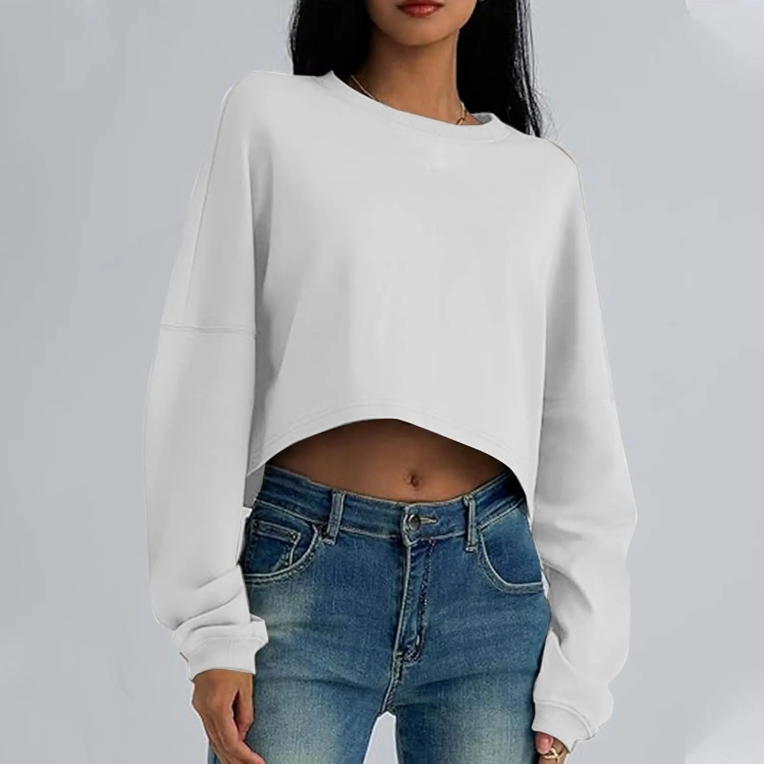 Gumipy Crewneck Sweatshirts Women Long Sleeve Cropped Sweatshirt Sweater Trendy Drop Shoulder Pullover Tops Comfy Winter Tops