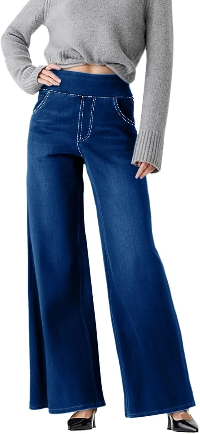 High Waist Wide Leg Jeans for Women Loose Stretch Denim Pant with Pocket Stylish Workout Travel Skinny Casual Outfits