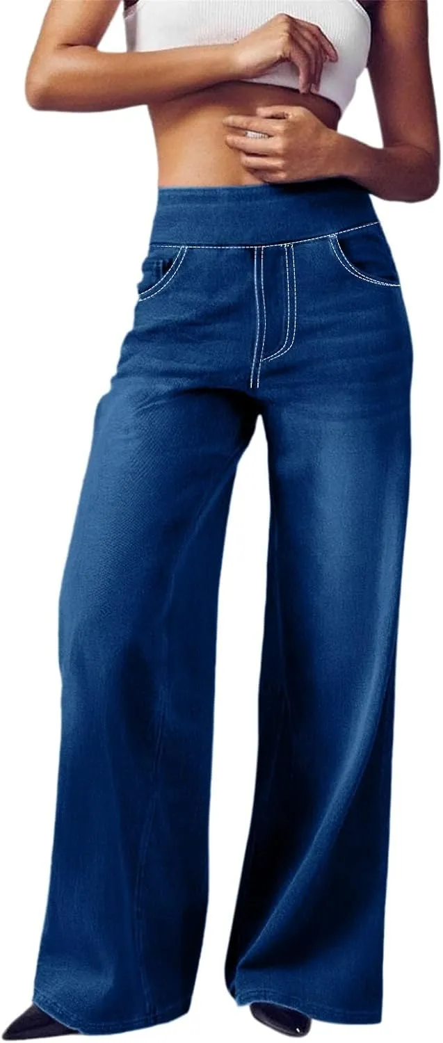 High Waist Wide Leg Jeans for Women Loose Stretch Denim Pant with Pocket Stylish Workout Travel Skinny Casual Outfits