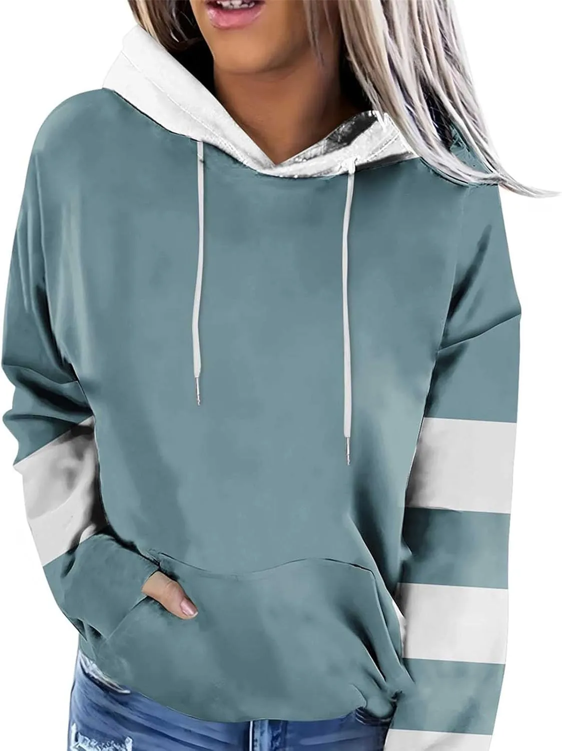 Hoodies for Women Casual Long Sleeve Color Block Tops Oversized Sweatshirts Cute Loose Fitted Pullover with Pockets