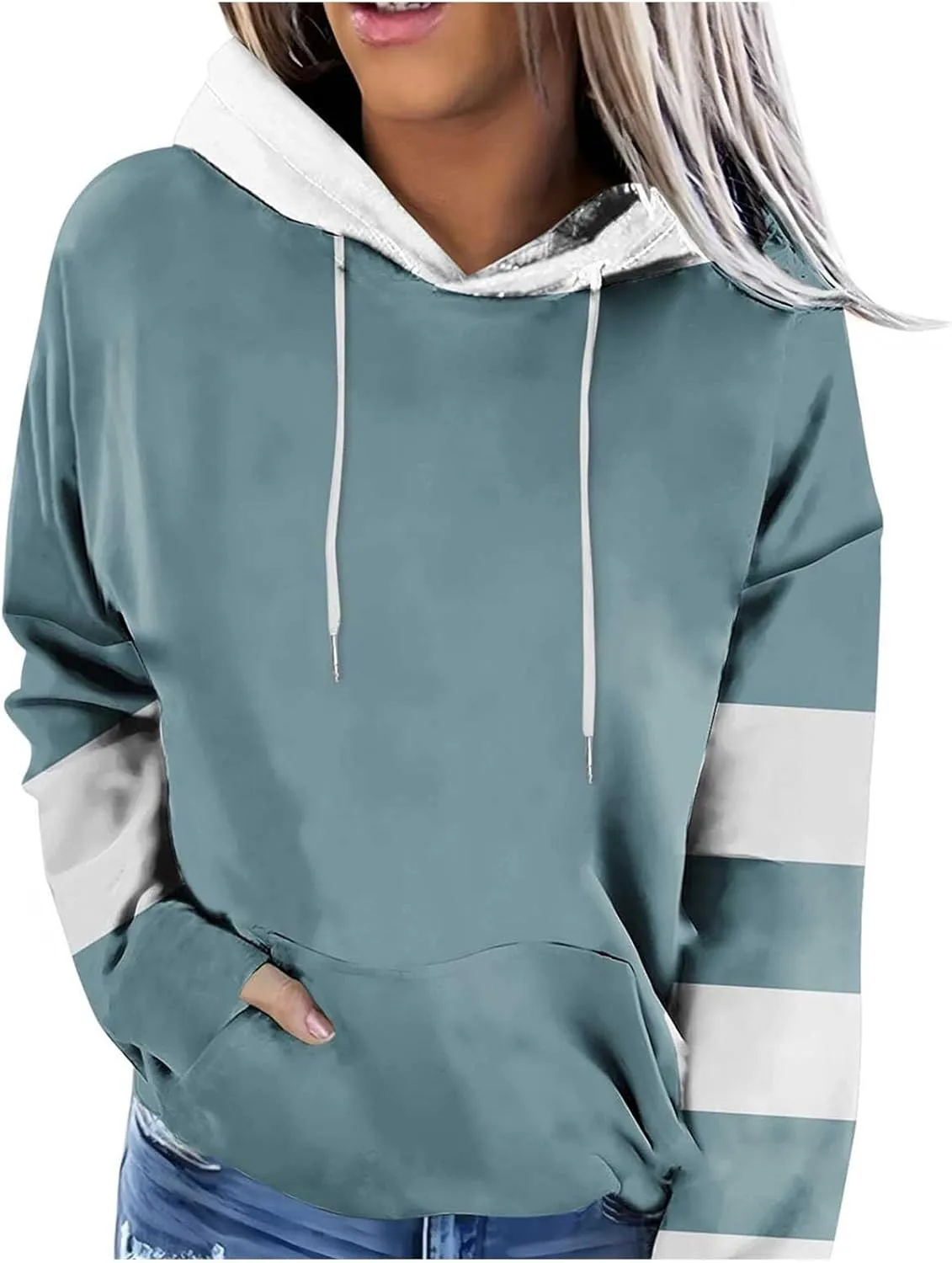 Hoodies for Women Casual Long Sleeve Color Block Tops Oversized Sweatshirts Cute Loose Fitted Pullover with Pockets