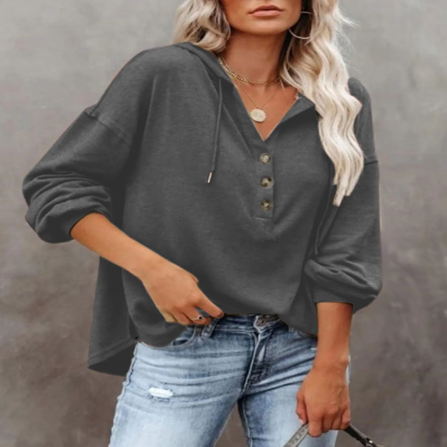 Hoodies for Women Drawstring Button V Neck Long Sleeve Casual Pullover Sweatshirt Hooded Office Work Fall Tops 2024