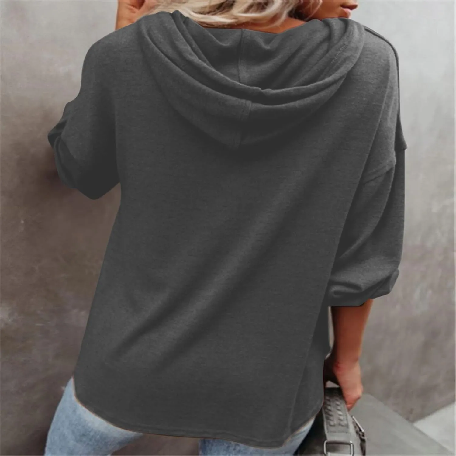 Hoodies for Women Drawstring Button V Neck Long Sleeve Casual Pullover Sweatshirt Hooded Office Work Fall Tops 2024