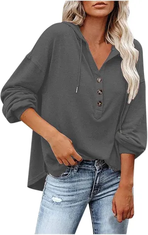 Hoodies for Women Drawstring Button V Neck Long Sleeve Casual Pullover Sweatshirt Hooded Office Work Fall Tops 2024