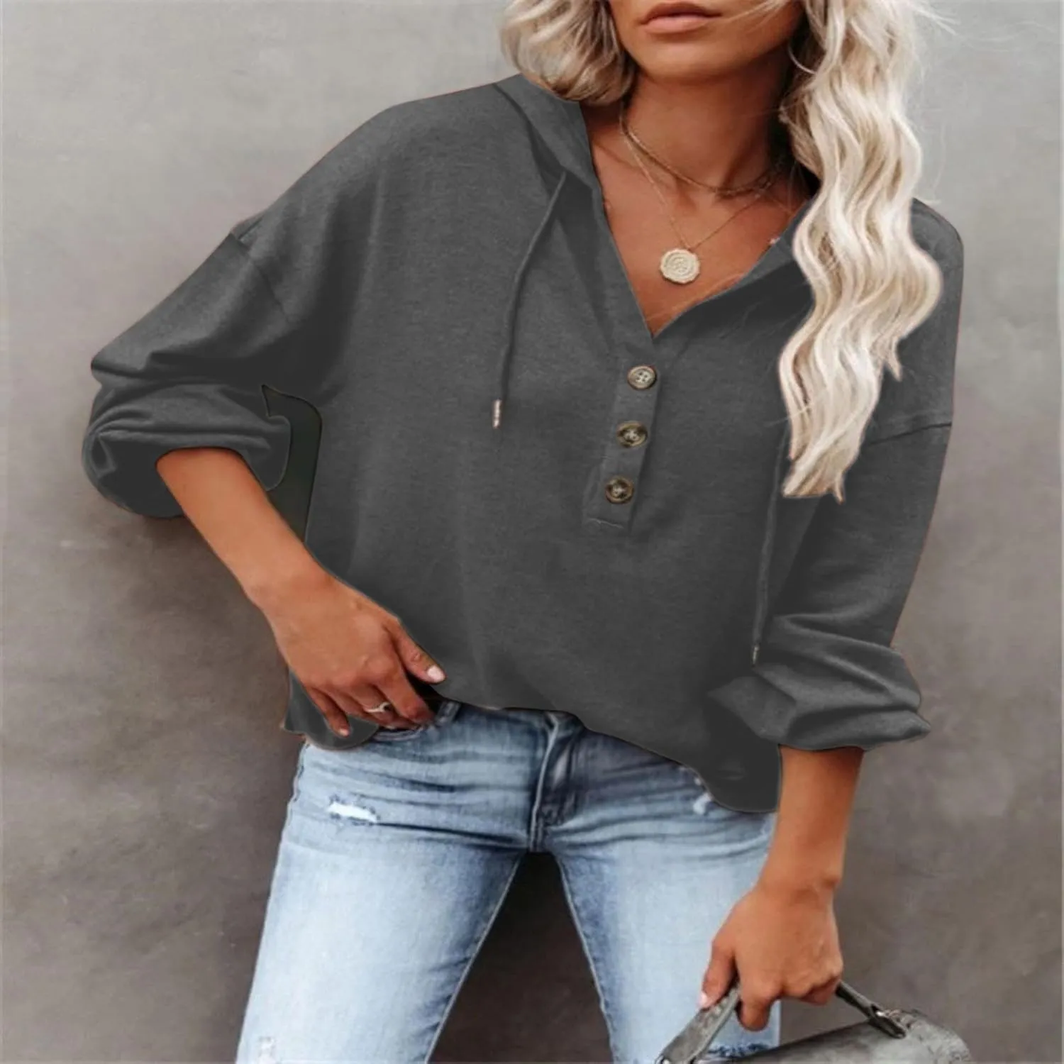 Hoodies for Women Drawstring Button V Neck Long Sleeve Casual Pullover Sweatshirt Hooded Office Work Fall Tops 2024