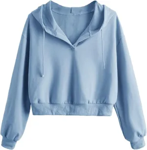 Hoodies For Women Long Sleeves Crew Neck Solid Color Drawstring Hood Cropped Hoodies Fashion Pullover Tops