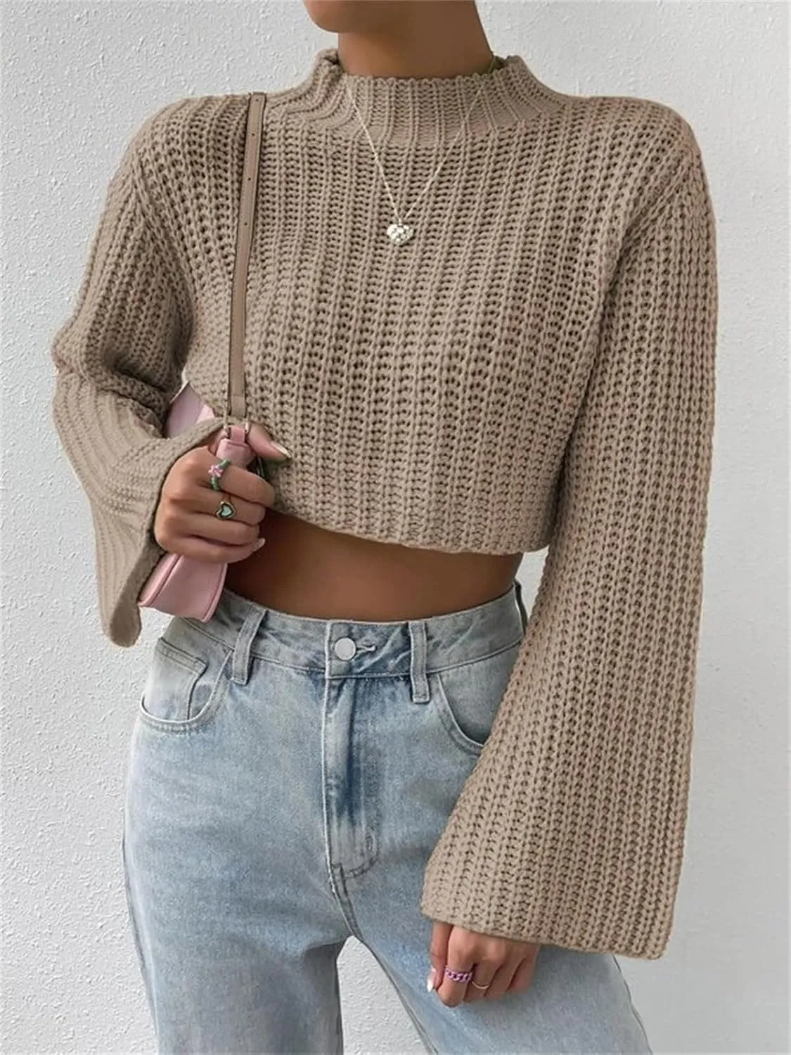 HOULENGS Women's Casual Mock Neck Chunky Knit Cropped Sweater Bell Long Sleeve Ribbed Knit Pullover Tops