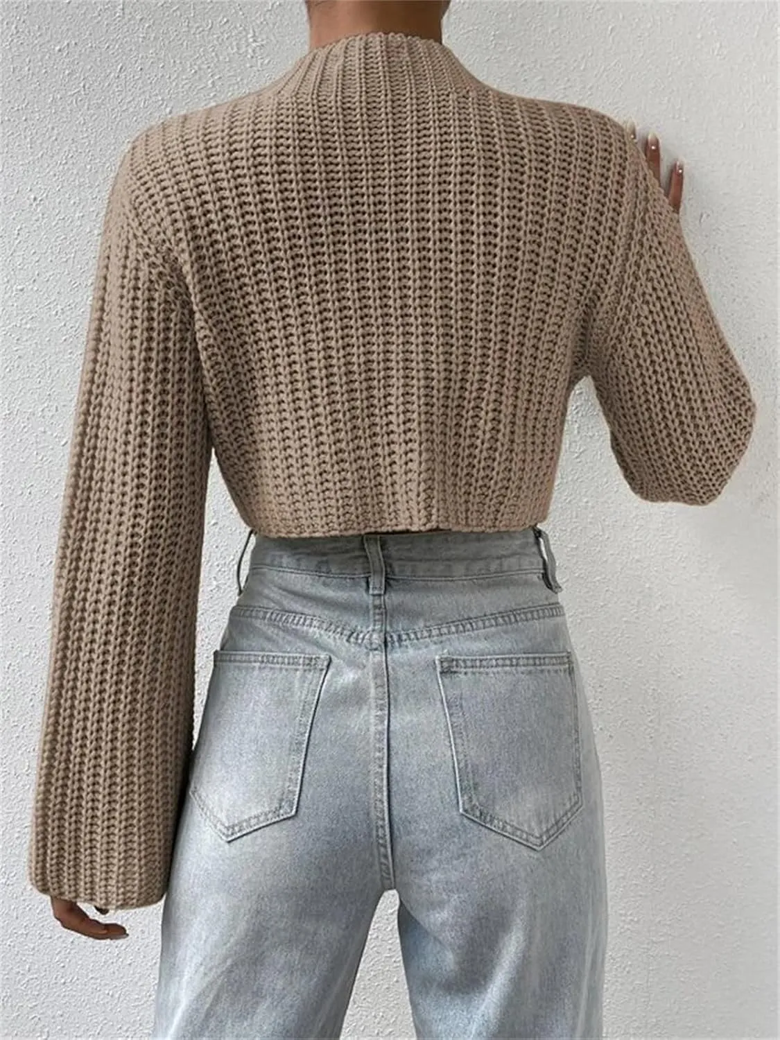 HOULENGS Women's Casual Mock Neck Chunky Knit Cropped Sweater Bell Long Sleeve Ribbed Knit Pullover Tops