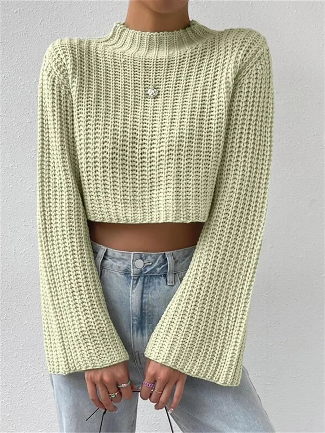 HOULENGS Women's Casual Mock Neck Chunky Knit Cropped Sweater Bell Long Sleeve Ribbed Knit Pullover Tops