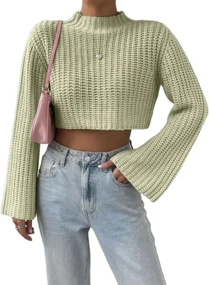 HOULENGS Women's Casual Mock Neck Chunky Knit Cropped Sweater Bell Long Sleeve Ribbed Knit Pullover Tops