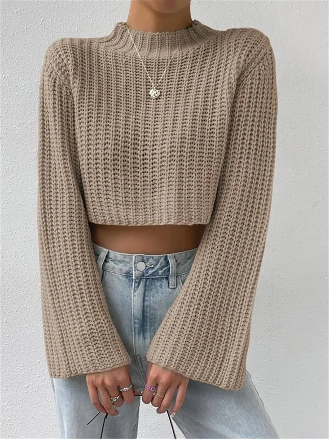 HOULENGS Women's Casual Mock Neck Chunky Knit Cropped Sweater Bell Long Sleeve Ribbed Knit Pullover Tops