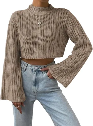 HOULENGS Women's Casual Mock Neck Chunky Knit Cropped Sweater Bell Long Sleeve Ribbed Knit Pullover Tops
