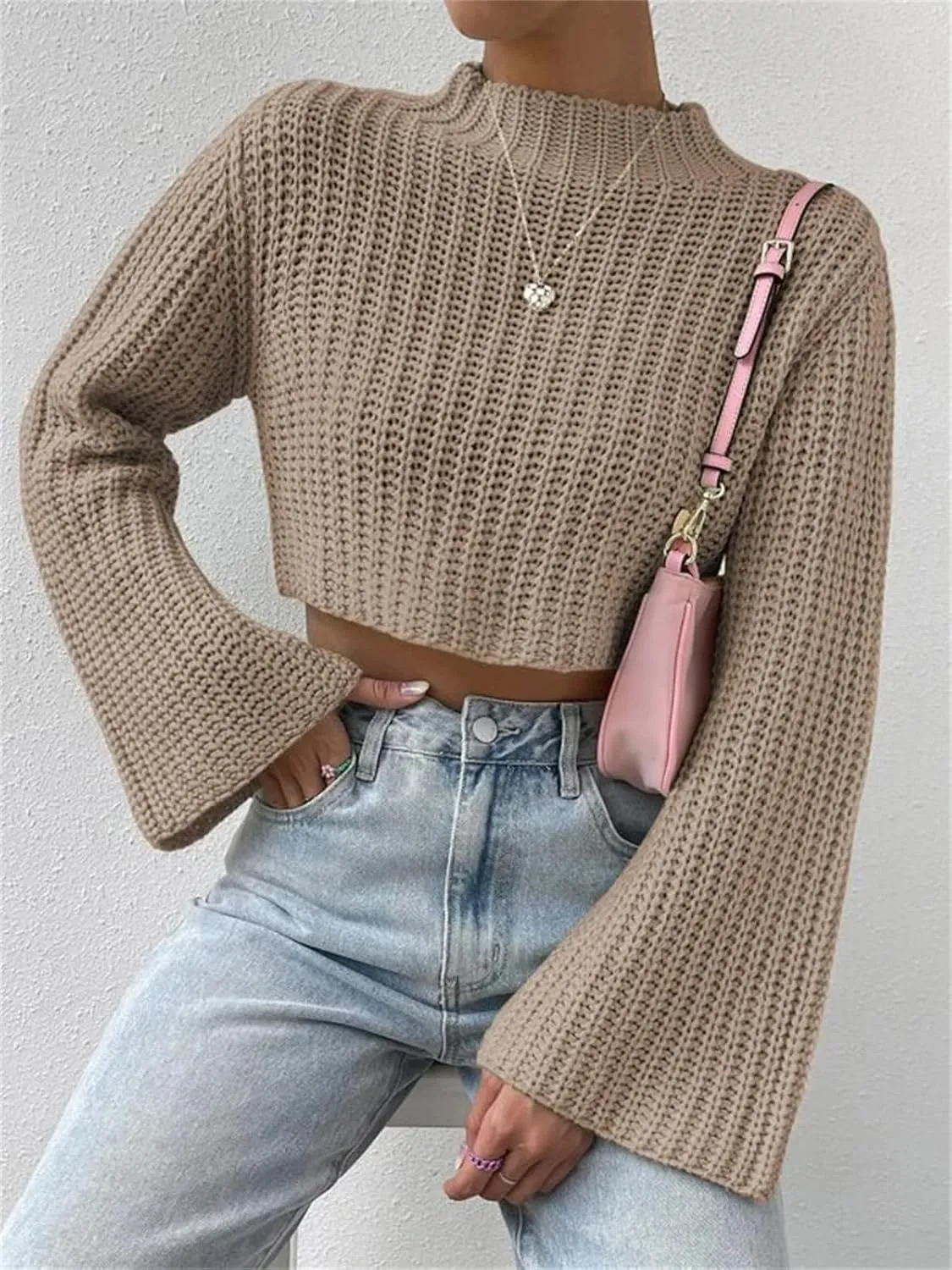 HOULENGS Women's Casual Mock Neck Chunky Knit Cropped Sweater Bell Long Sleeve Ribbed Knit Pullover Tops