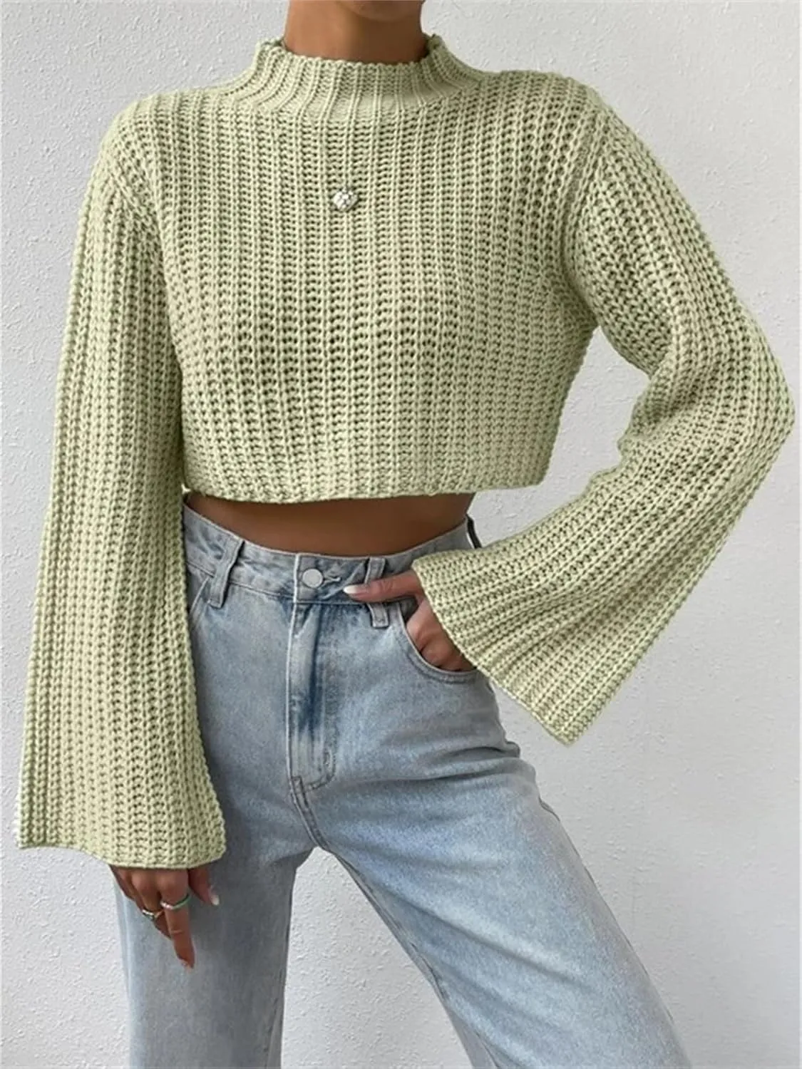 HOULENGS Women's Casual Mock Neck Chunky Knit Cropped Sweater Bell Long Sleeve Ribbed Knit Pullover Tops