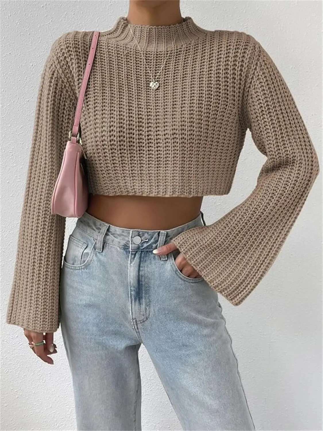 HOULENGS Women's Casual Mock Neck Chunky Knit Cropped Sweater Bell Long Sleeve Ribbed Knit Pullover Tops