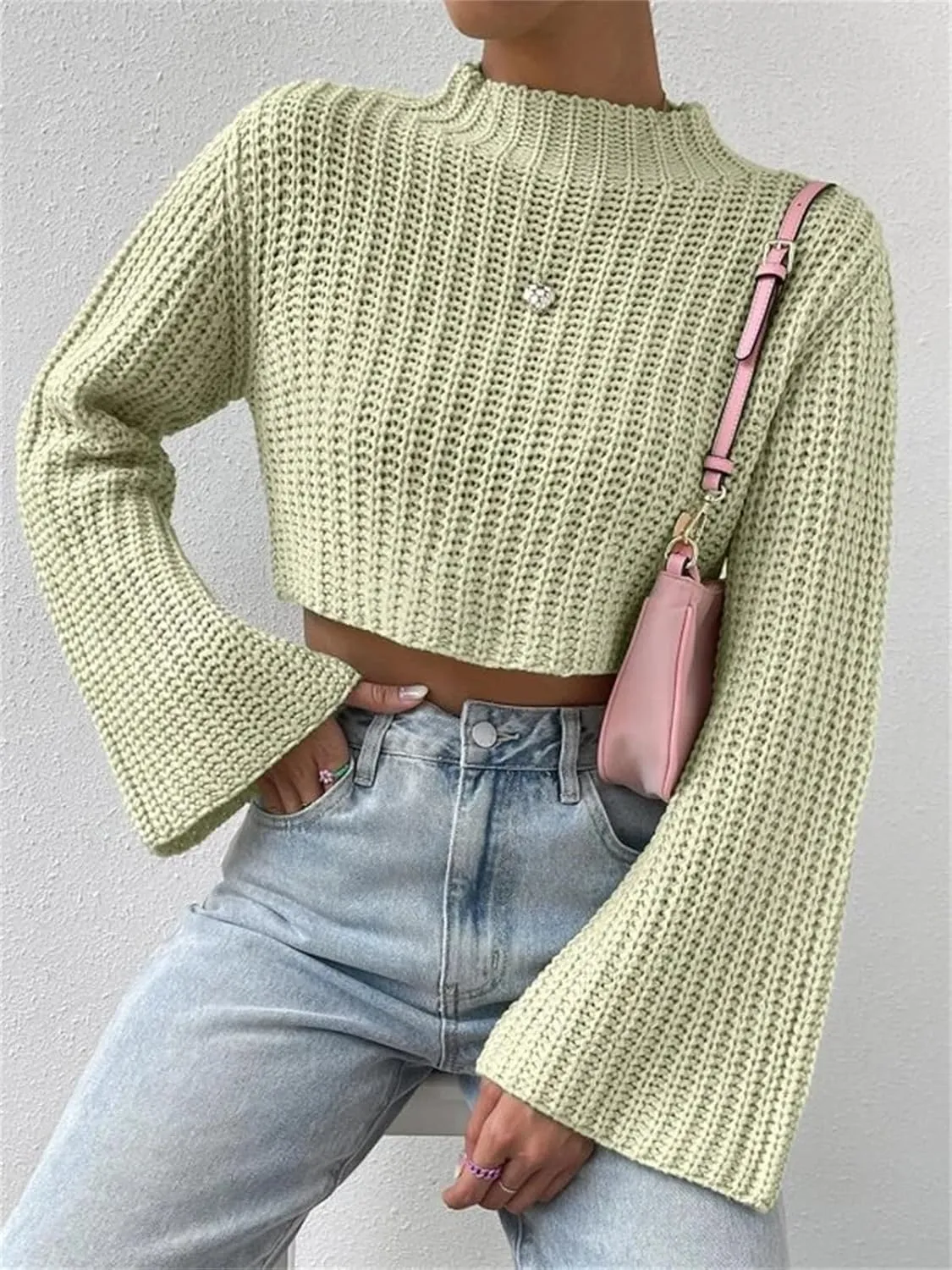 HOULENGS Women's Casual Mock Neck Chunky Knit Cropped Sweater Bell Long Sleeve Ribbed Knit Pullover Tops