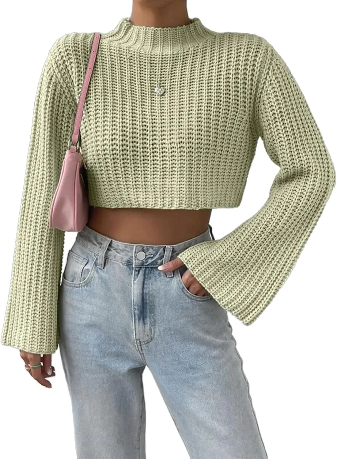 HOULENGS Women's Casual Mock Neck Chunky Knit Cropped Sweater Bell Long Sleeve Ribbed Knit Pullover Tops