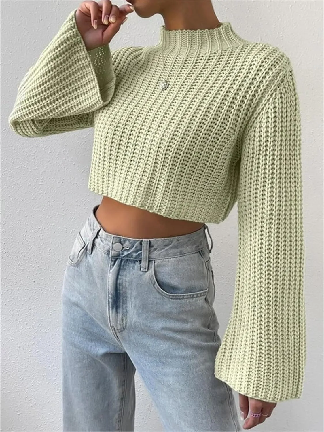 HOULENGS Women's Casual Mock Neck Chunky Knit Cropped Sweater Bell Long Sleeve Ribbed Knit Pullover Tops