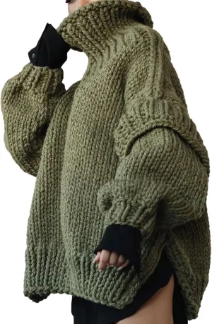 HOULENGS Women's Vintage Long Sleeve Turtleneck Sweater Chunky Knit Oversized Pullover Tops