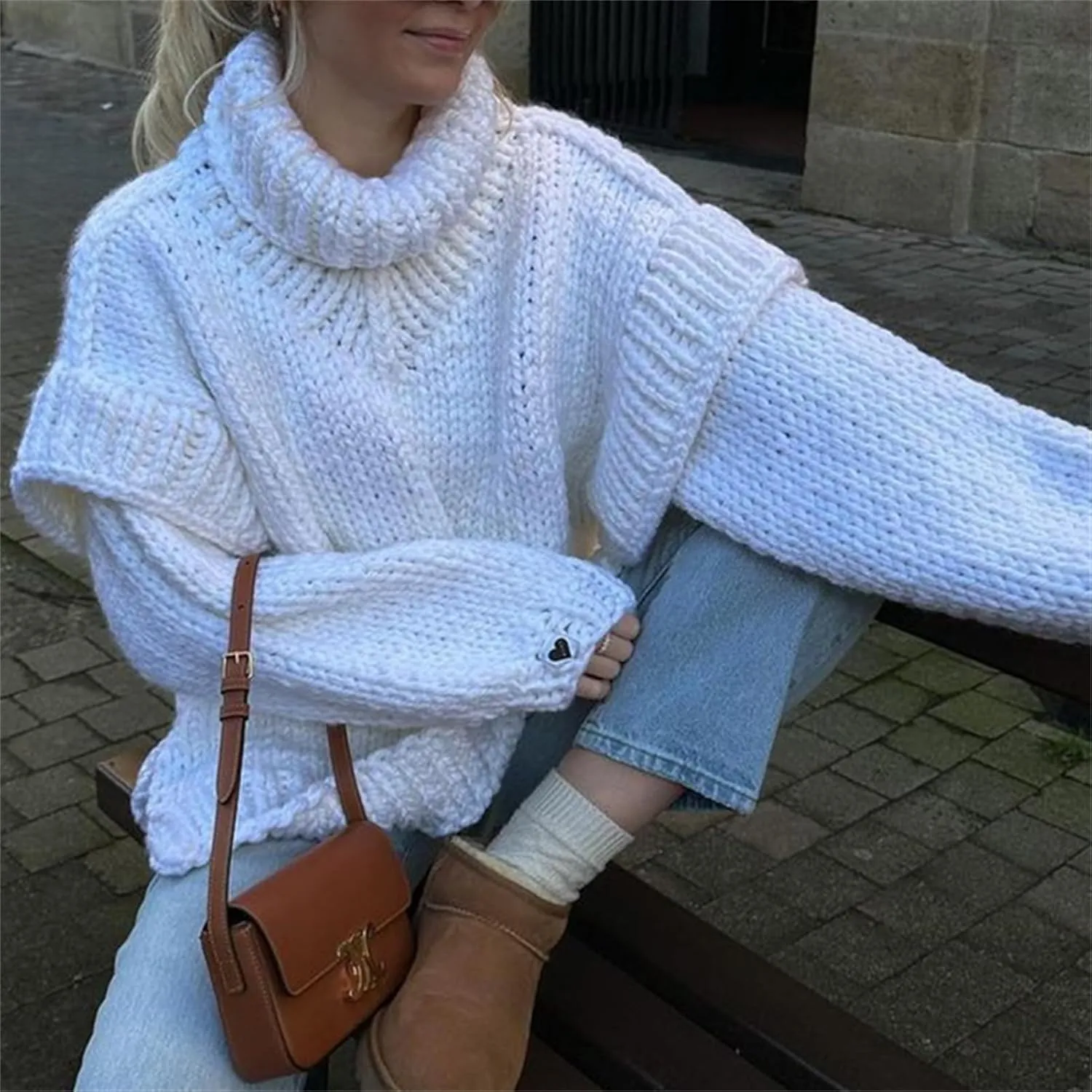HOULENGS Women's Vintage Long Sleeve Turtleneck Sweater Chunky Knit Oversized Pullover Tops