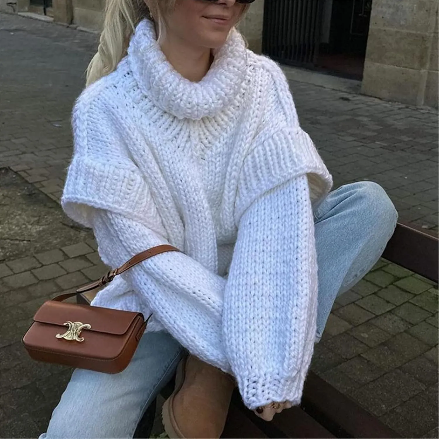 HOULENGS Women's Vintage Long Sleeve Turtleneck Sweater Chunky Knit Oversized Pullover Tops