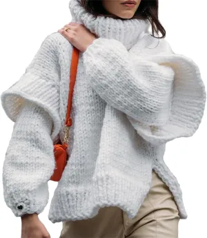 HOULENGS Women's Vintage Long Sleeve Turtleneck Sweater Chunky Knit Oversized Pullover Tops