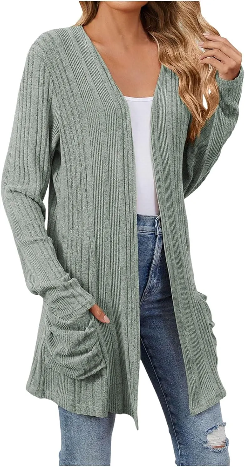 iLH Womens 2024 Autumn Long Sleeve Cardigan Casual Mid Long V Neck Knitted Sweater Cardigans with Pocket Fashion Coat