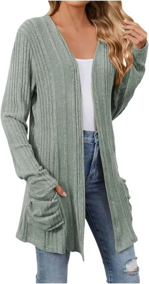 iLH Womens 2024 Autumn Long Sleeve Cardigan Casual Mid Long V Neck Knitted Sweater Cardigans with Pocket Fashion Coat