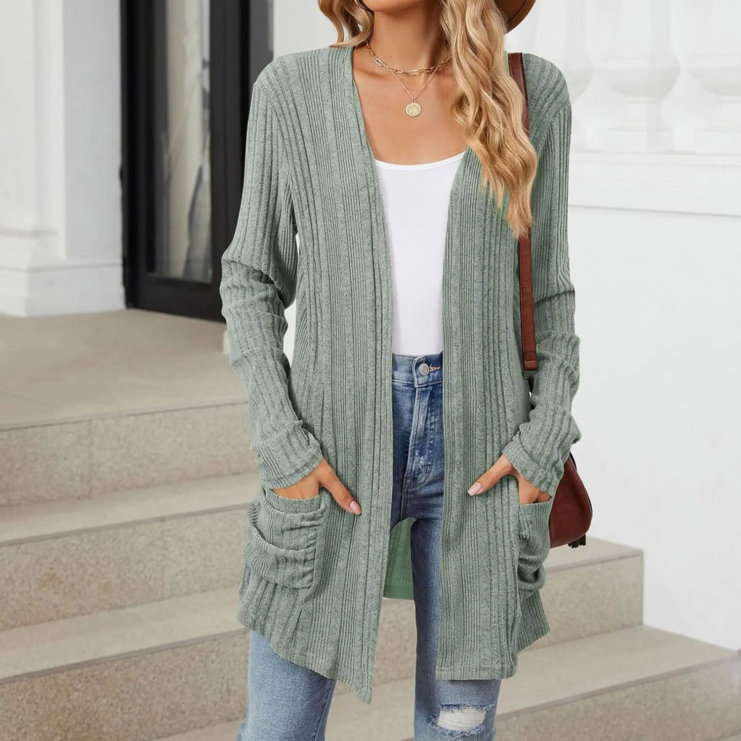 iLH Womens 2024 Autumn Long Sleeve Cardigan Casual Mid Long V Neck Knitted Sweater Cardigans with Pocket Fashion Coat
