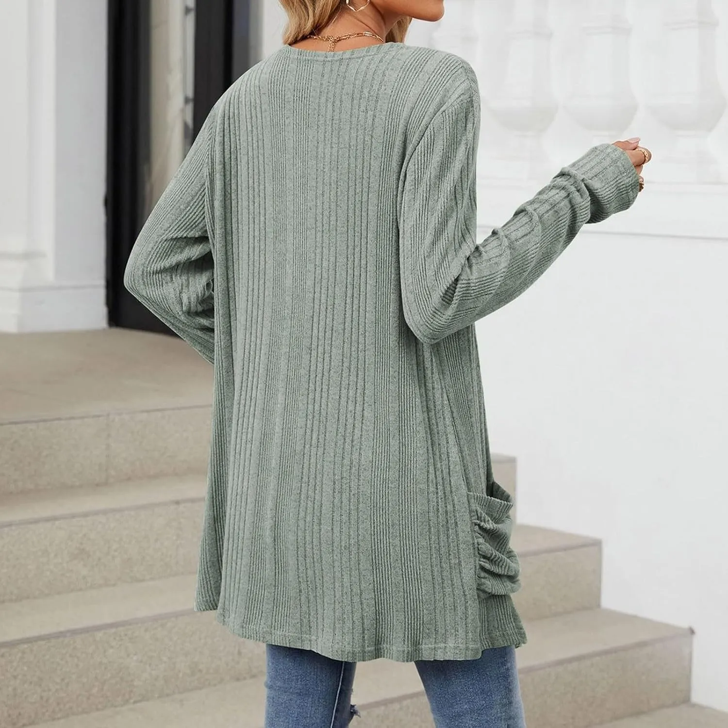 iLH Womens 2024 Autumn Long Sleeve Cardigan Casual Mid Long V Neck Knitted Sweater Cardigans with Pocket Fashion Coat