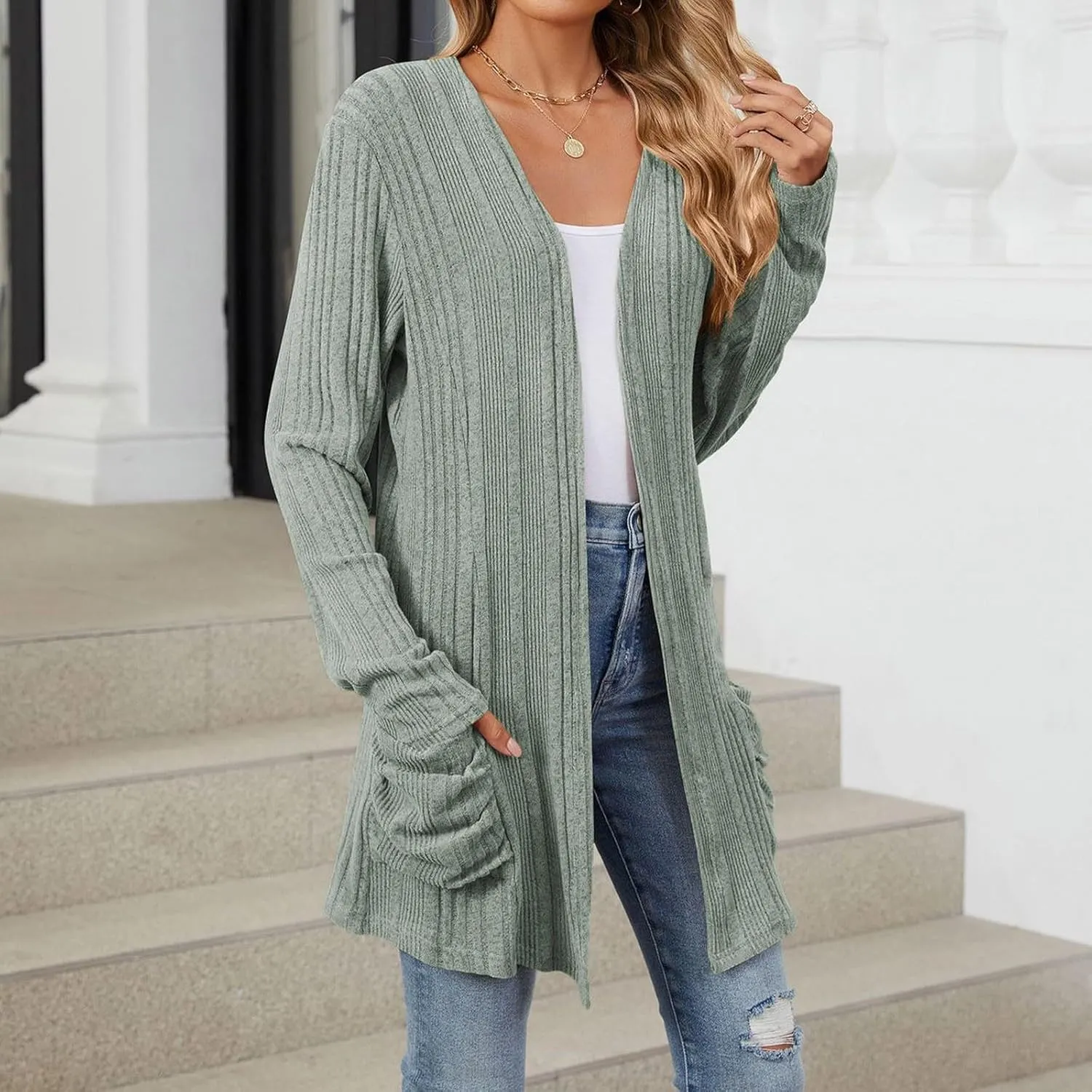 iLH Womens 2024 Autumn Long Sleeve Cardigan Casual Mid Long V Neck Knitted Sweater Cardigans with Pocket Fashion Coat