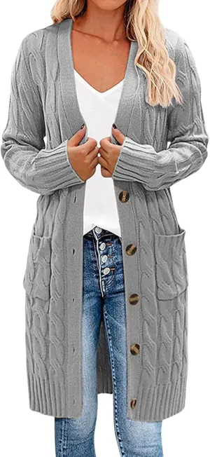 iLH Womens Autumn and Winter 2024 Cardigan New Long Fried Dough Cardigan Sweater Solid Button Pocket Cardigan Coat