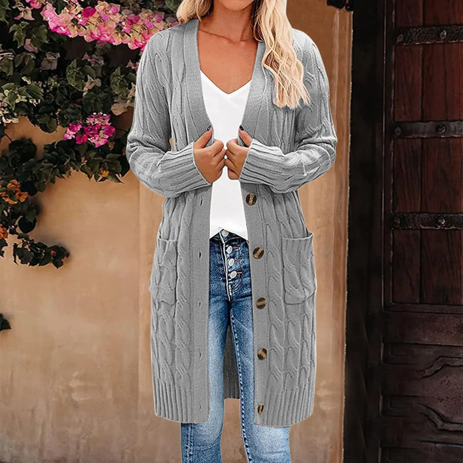 iLH Womens Autumn and Winter 2024 Cardigan New Long Fried Dough Cardigan Sweater Solid Button Pocket Cardigan Coat