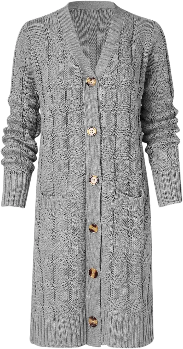 iLH Womens Autumn and Winter 2024 Cardigan New Long Fried Dough Cardigan Sweater Solid Button Pocket Cardigan Coat