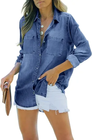 imesrun Womens Button Down Denim Shirt Chambray Casual Long Sleeve Collared Boyfriend Jean Jacket Shacket with Pockets